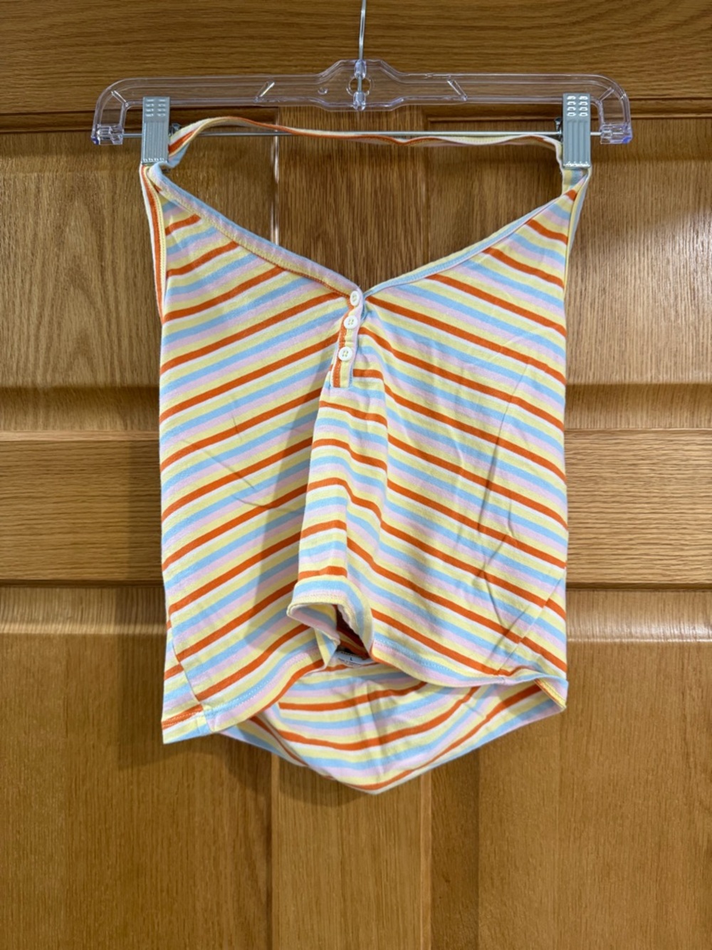 Me to We Striped Button-Front Crop Top in Yellow, Orange, Blue